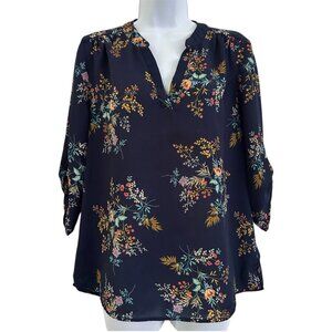 ✨ 3 for $18 ✨ Crescent & Willough Women's Blue Floral 3/4 Sleeve Blouse - Medium